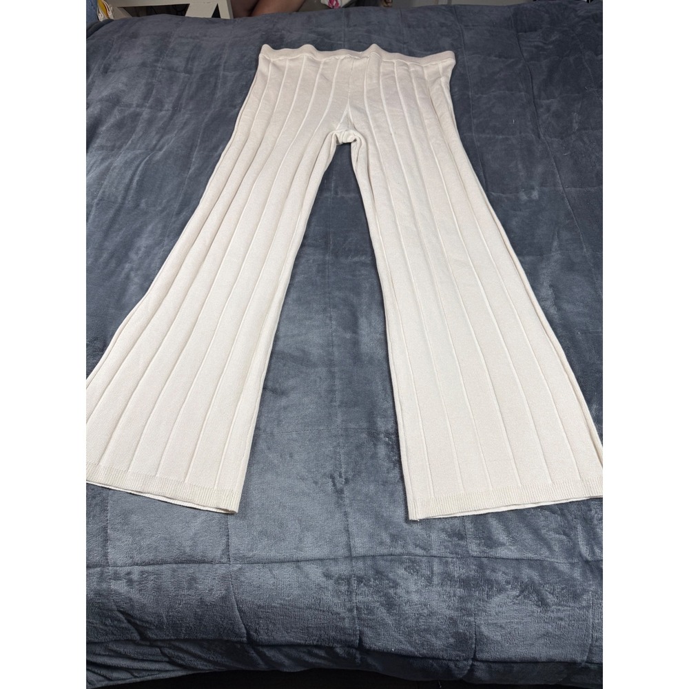 HM Womens Ribbed Knit Wide Leg‎ Pants Beige High Rise XL New 0988727 3 - Picture 14 of 16
